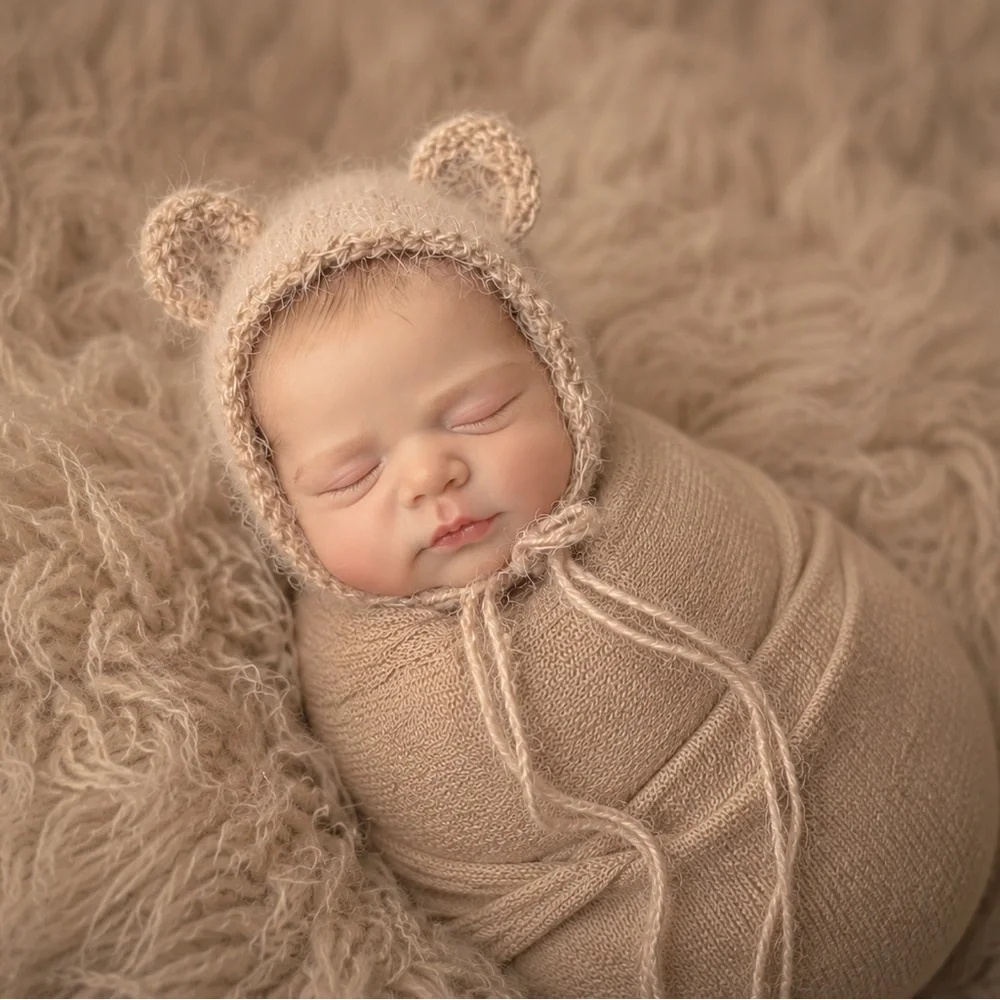 Hand knit bear ear baby bonnet photo prop